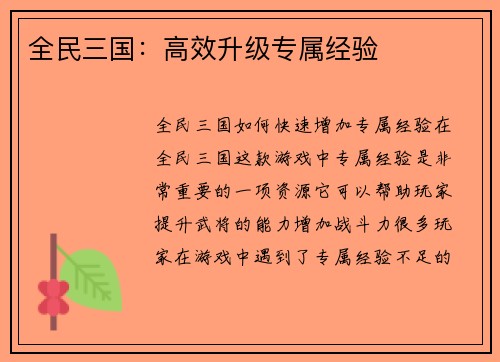 全民三国：高效升级专属经验